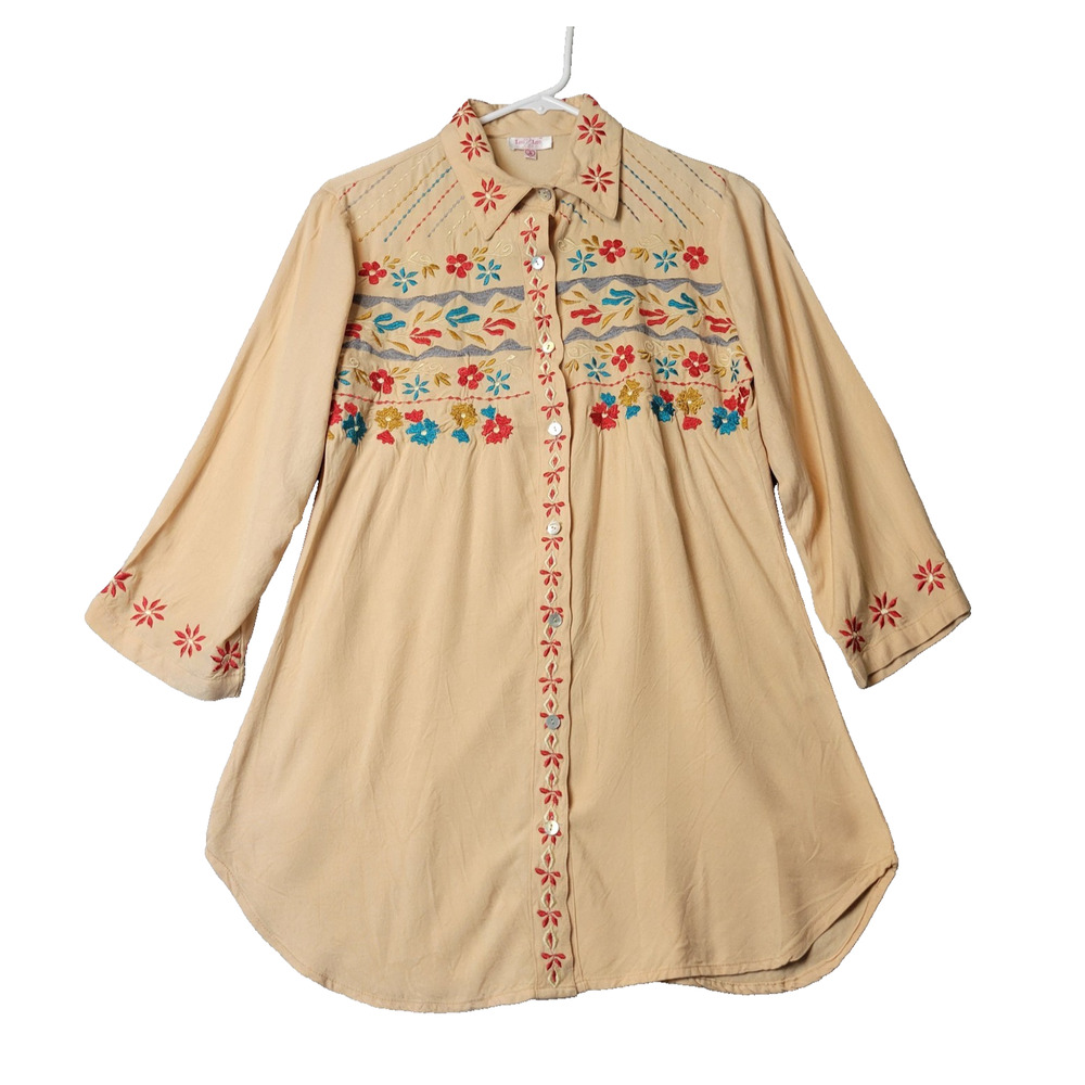 Luv Luv Orange Sherbet Floral Embroidered Button Up Boho Tunic Women's Medium